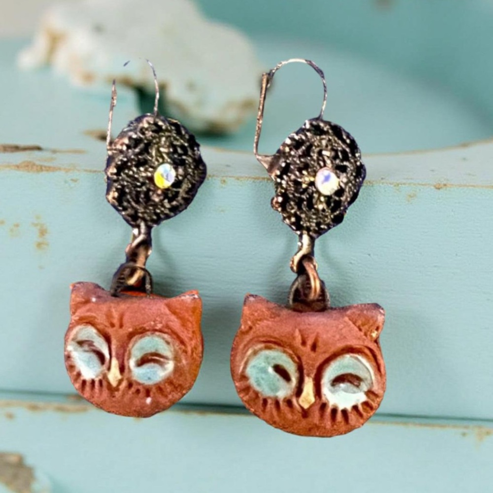 Handmade Owl earrings with rhinestones  Handcrafted NWT